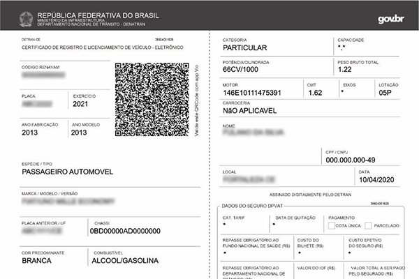 Exemplo ilustrativo do CRLV Digital em PDF