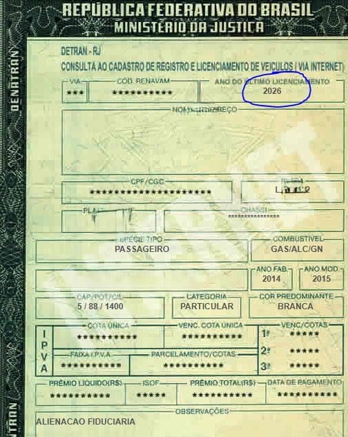 Consulta ao Cadastro do Detran-RJ destacando o campo Ano do Último Licenciamento